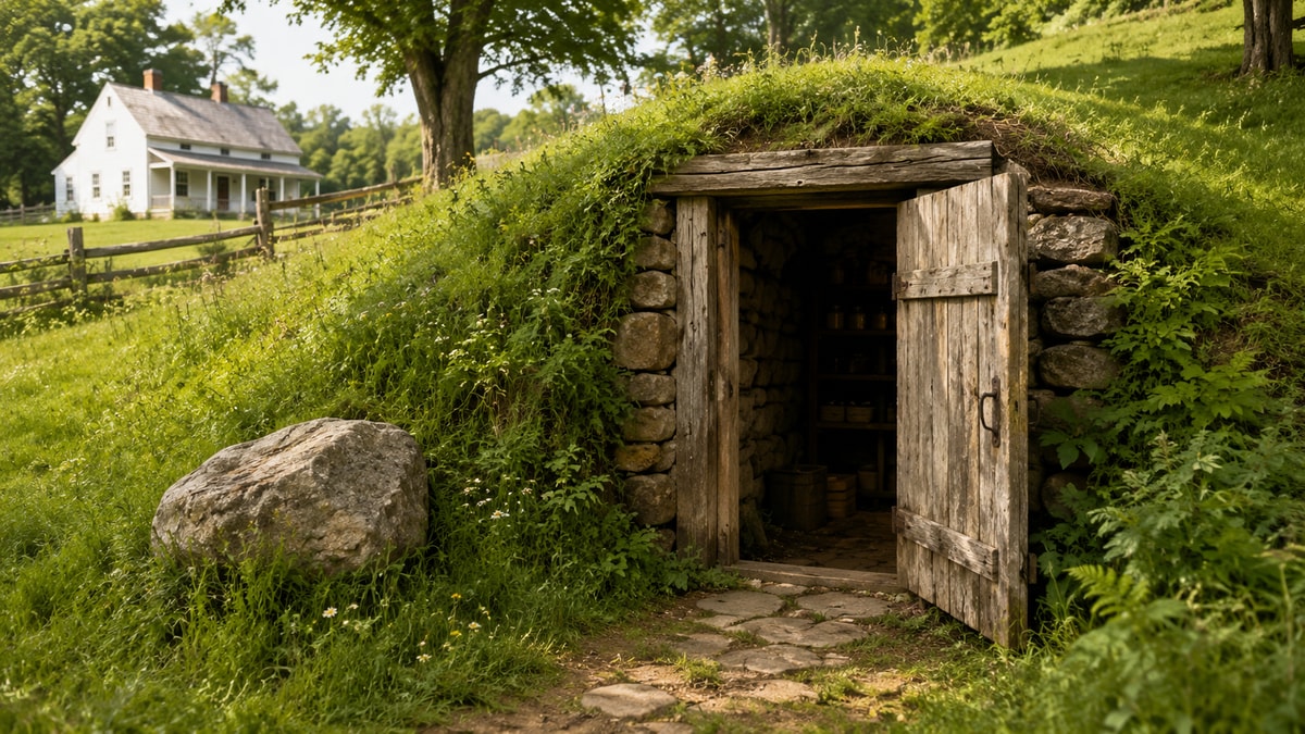 root cellar with large wooden door built into a hillside. 