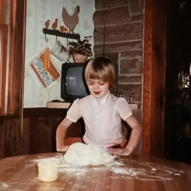 Aimee baking as a child, the beginning of her lifelong love of baking.