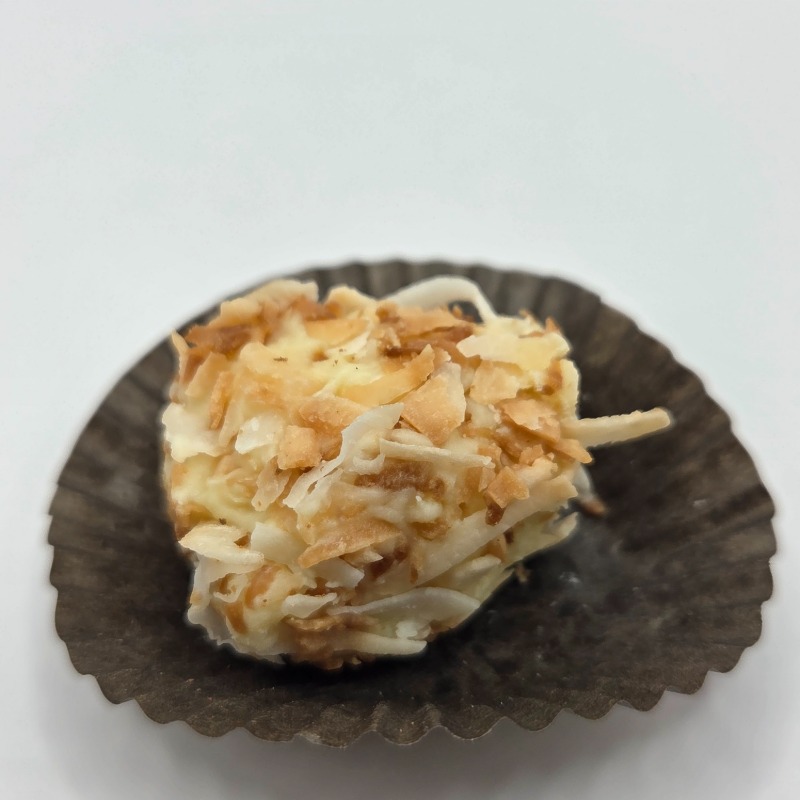 white chocolate truffle coated in toasted coconut shreds