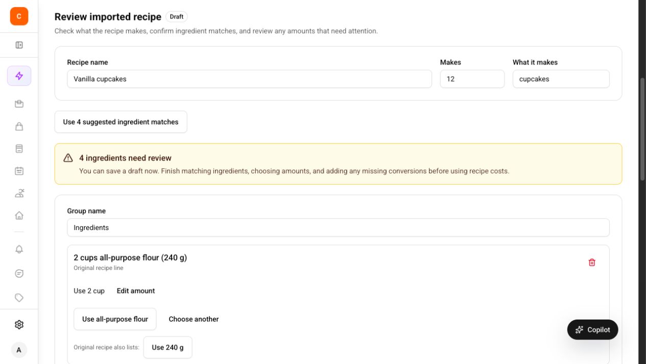 Recipe import review showing a twelve-cupcake yield, ingredient match review, and the choice to use an equivalent 240-gram weight.