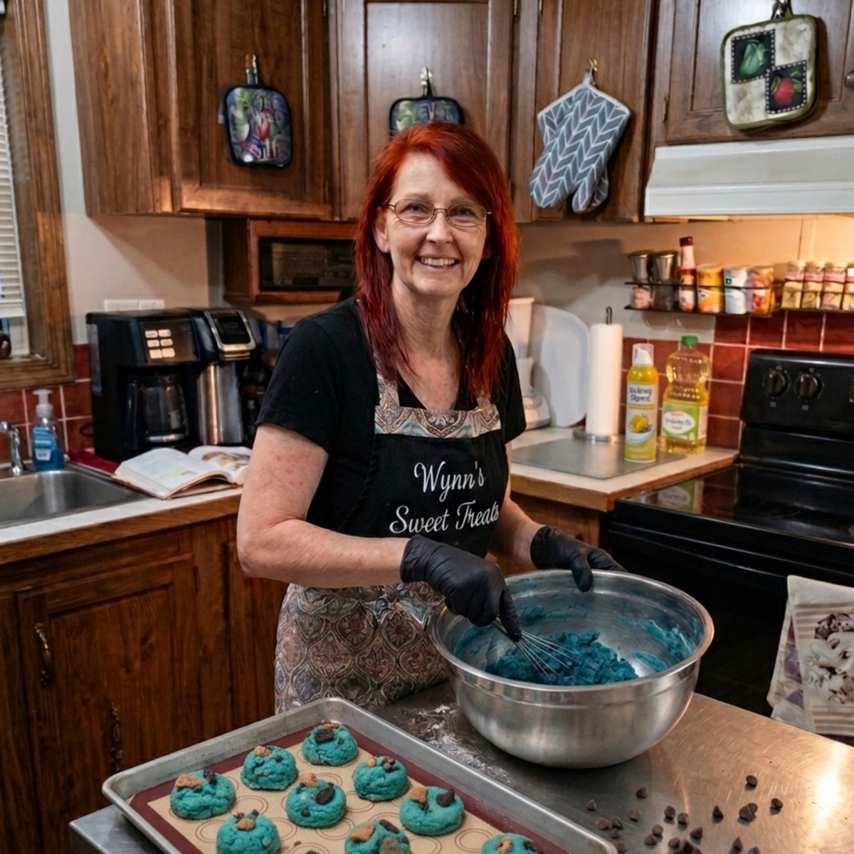 Hard at work making cookies. These were the viral Cookie Monster Cookie that i was making. 
