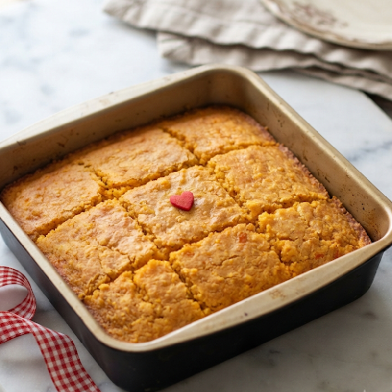 Golden sweet potato cornbread pan with a red heart sprinkle on a marble backdrop