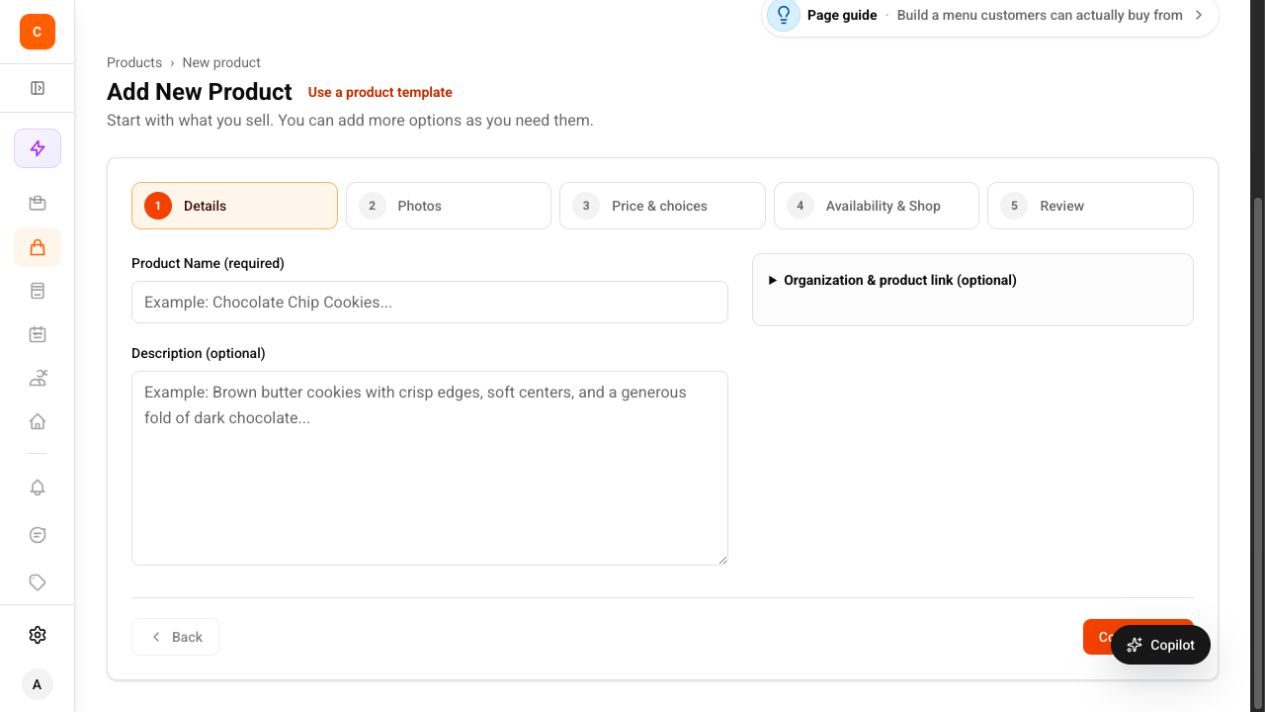 Current product wizard showing Details, Photos, Price & choices, Availability & Shop, and Review.