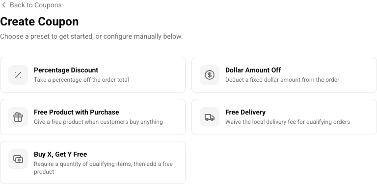 Create Coupon screen with percentage, fixed amount, free product, free delivery, and buy-one-get-one presets.