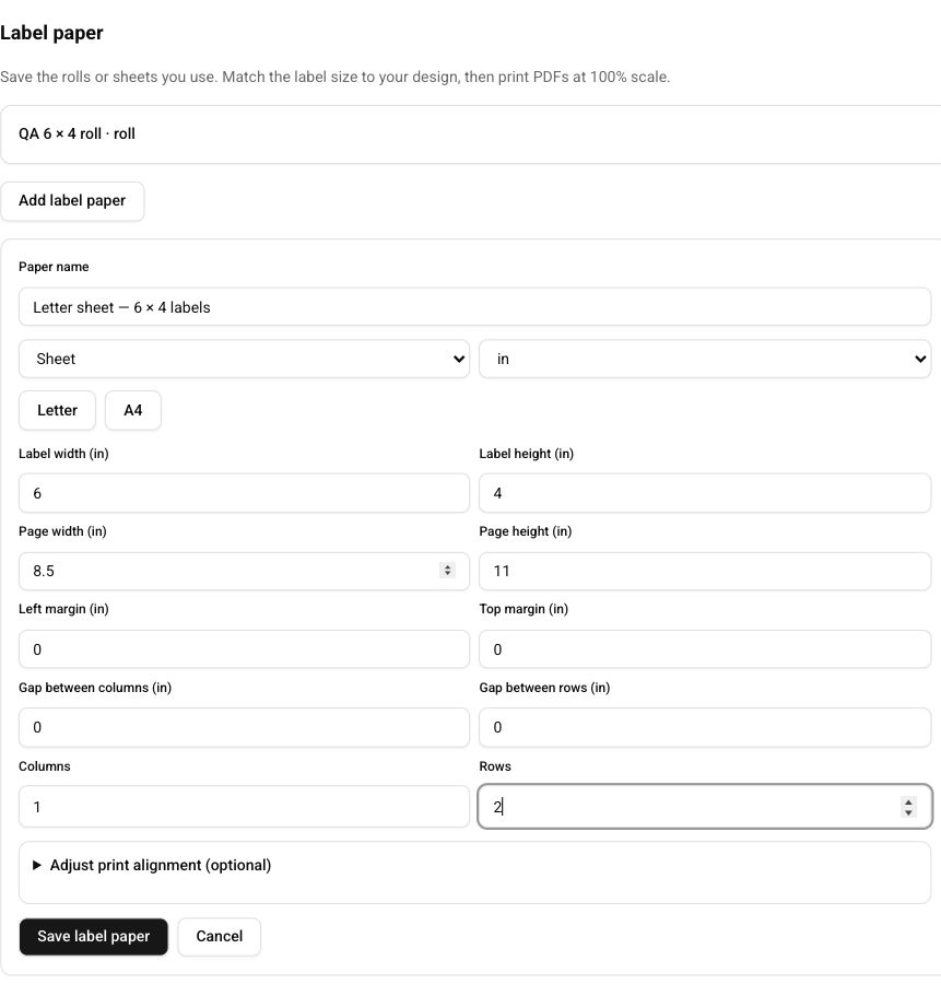 Label paper sheet settings with physical label and page dimensions, margins, gaps, rows, columns, and optional print alignment.