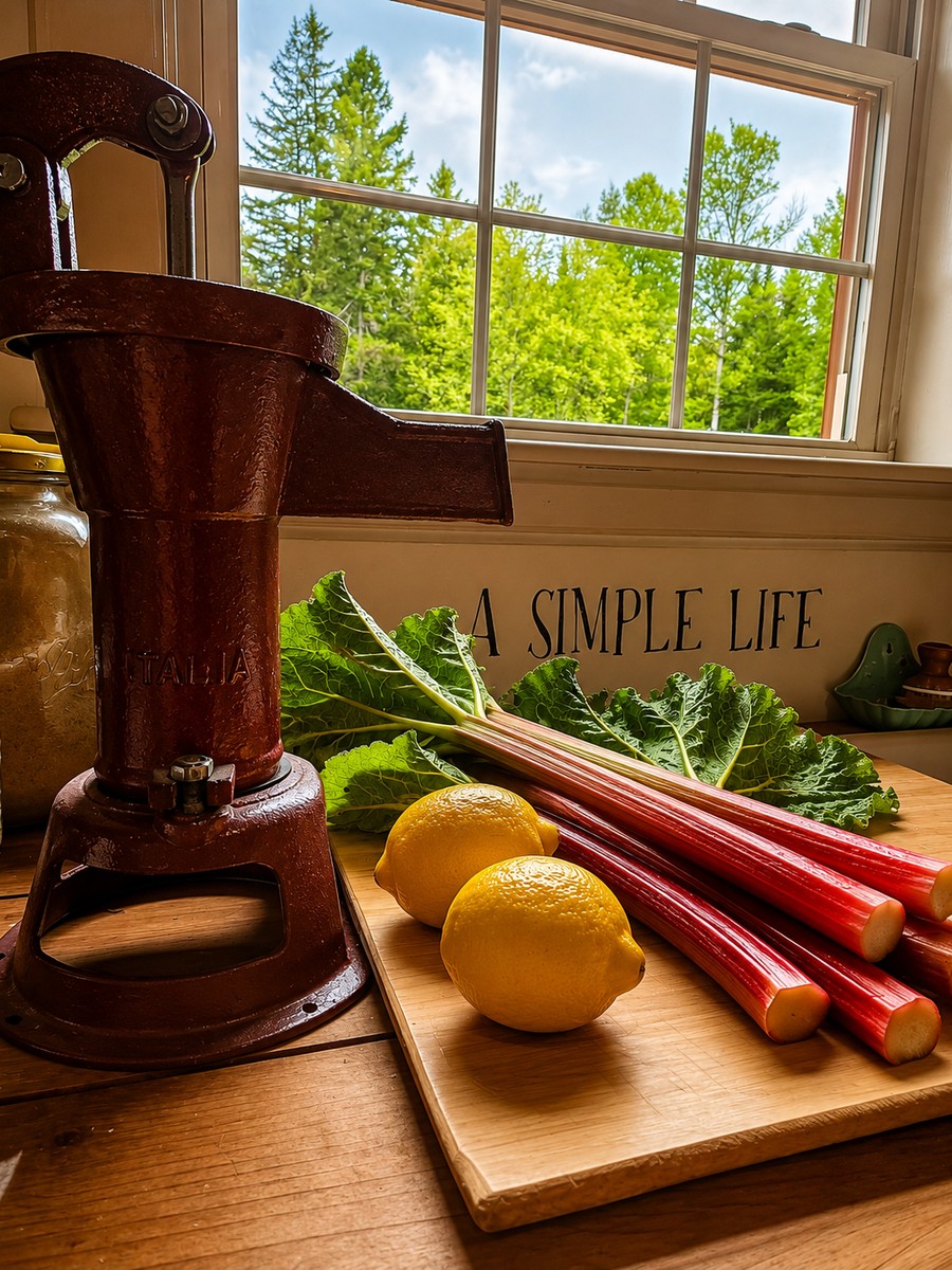 fresh cut rhubarb and lemons sitting on a cutting board next to an old hand pump