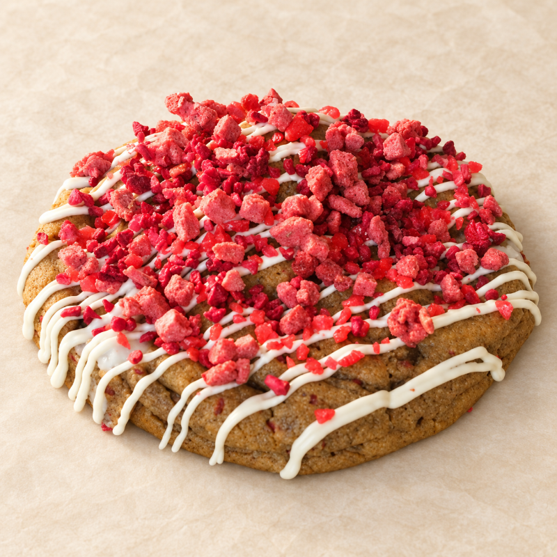 Thick strawberry cookie loaded with white chocolate chunks, freeze-dried strawberries, and colorful popping candy.