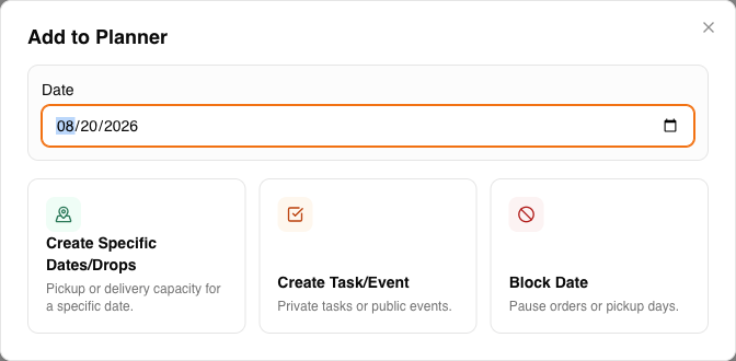 Cottage CMS Planner dialog for creating a Specific Date or Drop, task, event, or blocked date.