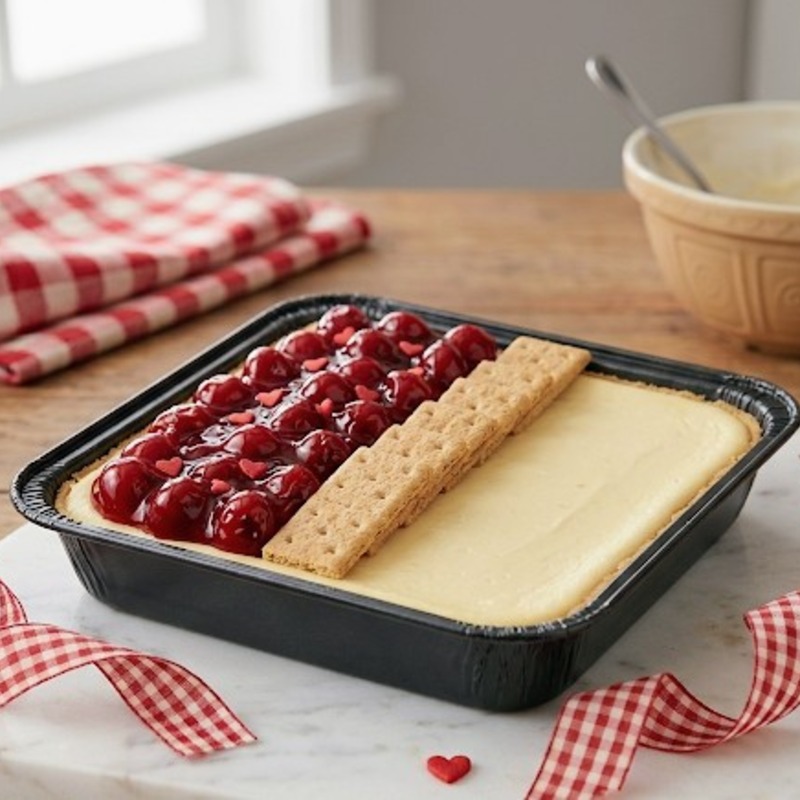 Pan cherry cheese pie split with graham crackers on a marble backdrop