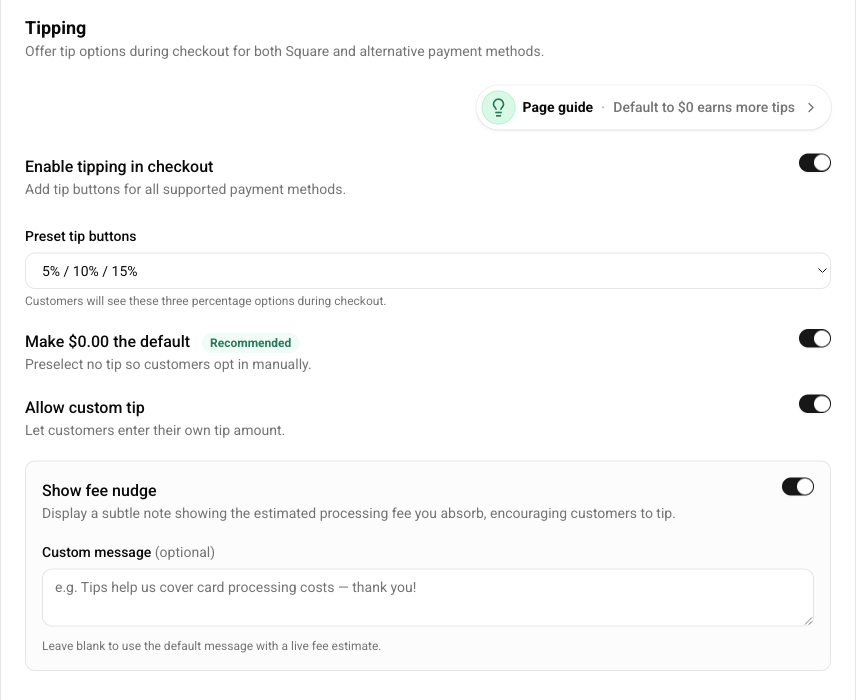 Checkout Settings Payments and tips panel with optional tipping controls.