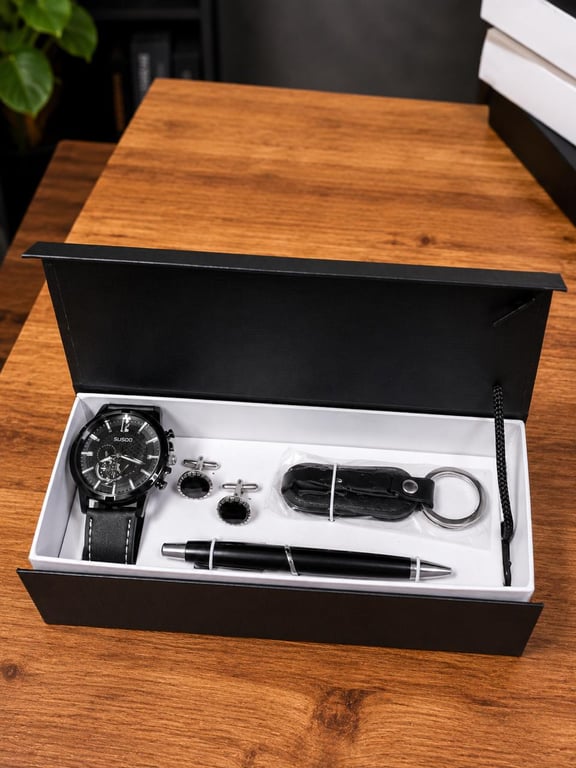 Kit Presente Masculino Premium – Relógio, Porta-Chaves, Esferográfica e Botões de Punho