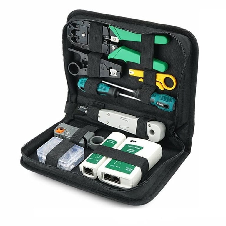 Kit de ferramentas para manutenção e reparo de redes de computadores.