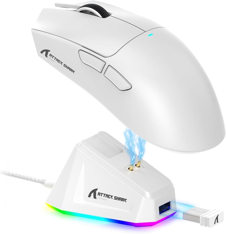 ouse Gamer Sem Fio ATTACK SHARK X11, Sensor PAW3311, Leve, Base de Carregamento RGB, 22.000 DPI, Conectividade Tri-Mode, 5 Botões Programáveis ​​- Branco