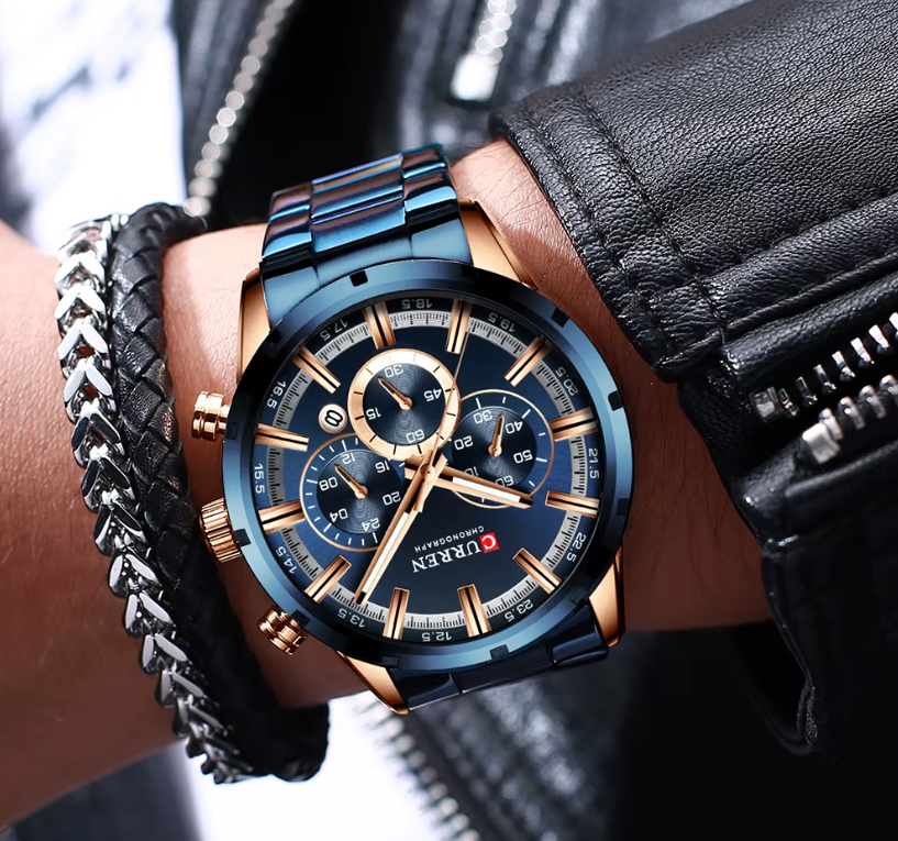  CURREN relógio de pulso masculino, relógio azul de aço inoxidável com pulseira data relógios luxuosos à prova d'água para homens de negócios