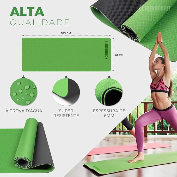 Tapete de Yoga Antiderrapante TPE 6mm Pilates com Bolsa Premium Rubber Fit