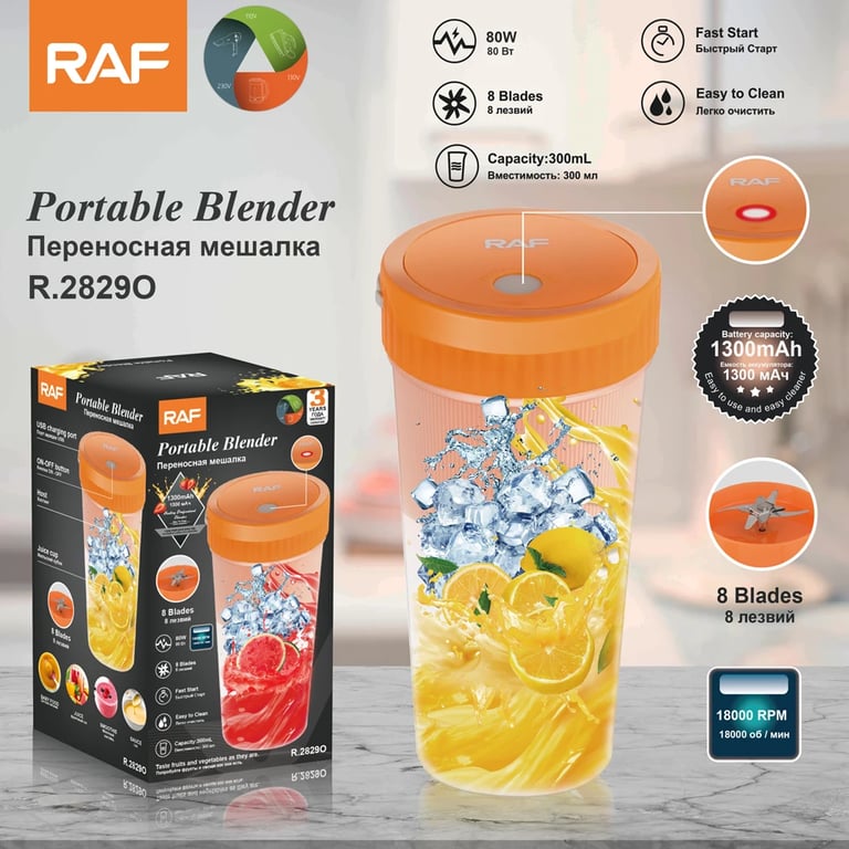 RAF Mini Liquidificador Liquidificador Portátil Pessoal 300ml, Recarregável por USB, com 8 Lâminas 