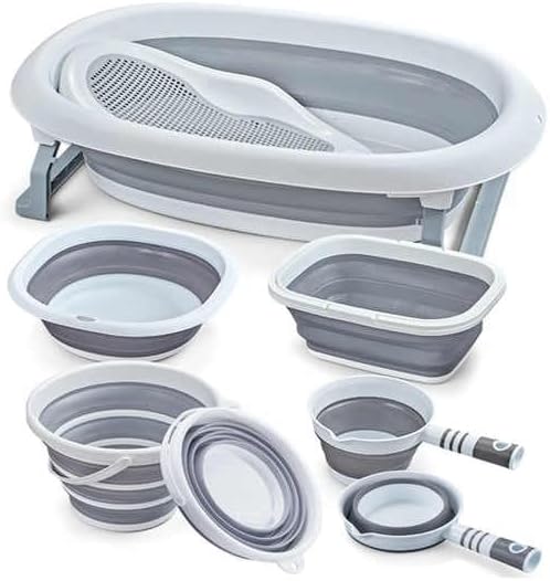 Conjunto de banho dobrável 5  em 1 para bebês Tenbabe com fraldas grátis.