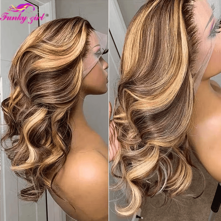 Destaque onda do corpo peruca 20 polegadas de cabelo humano perucas do laço 4/27 mel loira corpo ondulado t parte peruca de cabelo humano do laço para as mulheres peruca remy brasileira