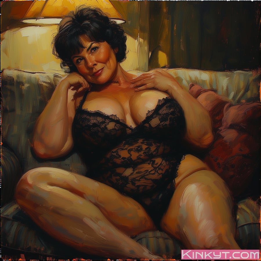 A curvy, middle-aged woman with short black hair, wearing black lace lingerie, reclining on a couch under warm lamp light.