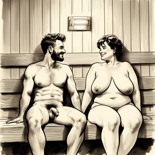 Older chubby mature woman and younger man in sauna together