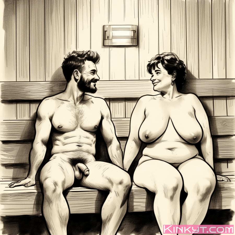 Older chubby mature woman and younger man in sauna together