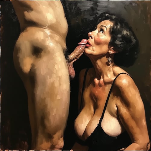 An older woman with large breasts, black hair, and earrings, kneeling, performing oral sex on a younger nude man