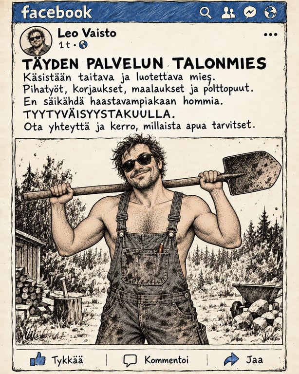 Leo Vaiston Facebook-ilmoitus: Täyden palvelun talonmies.