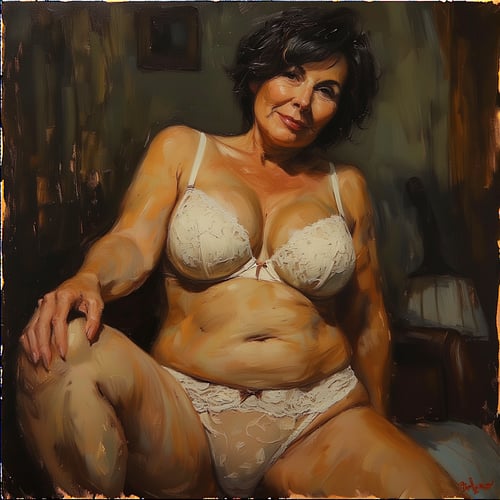 Older chubby mature woman in a white lingerie