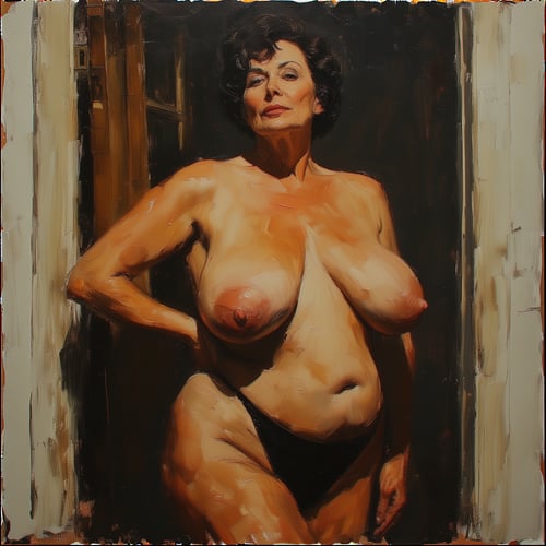 An older woman with large breasts, black hair, and earrings, kneeling, performing oral sex on a younger nude man
