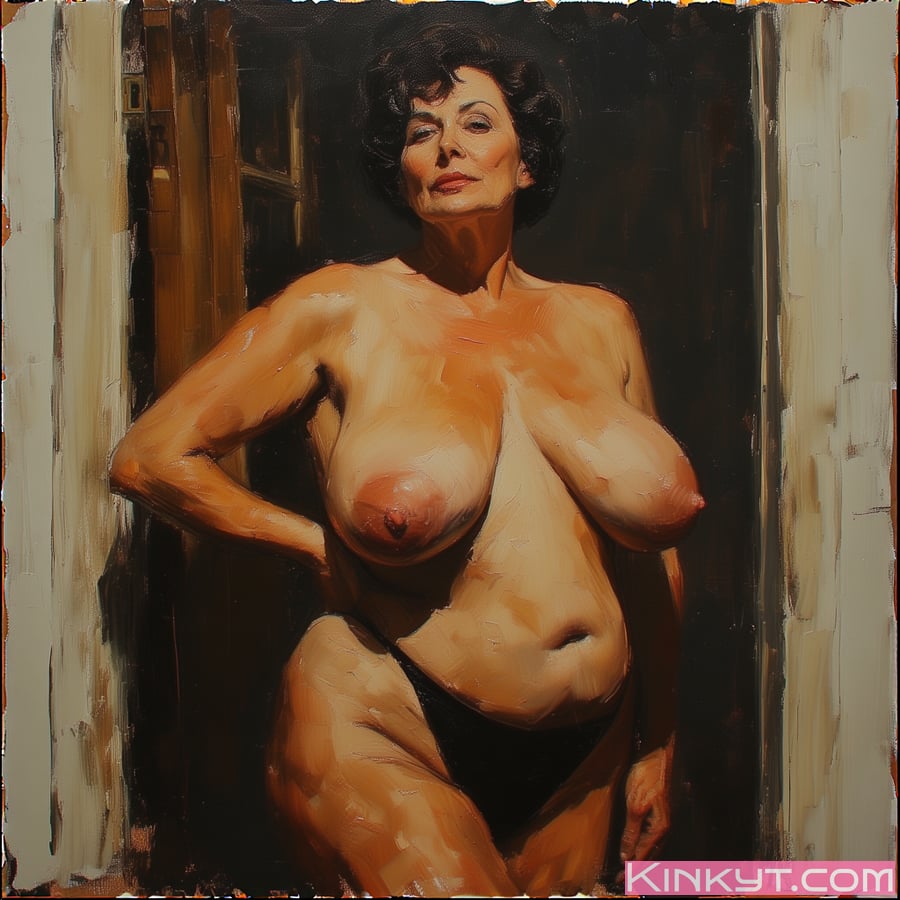 An older woman with large breasts, black hair, and earrings, kneeling, performing oral sex on a younger nude man