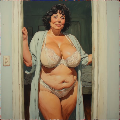 Older chubby mature woman with short dark hair in a morning robe and white lace lingerie