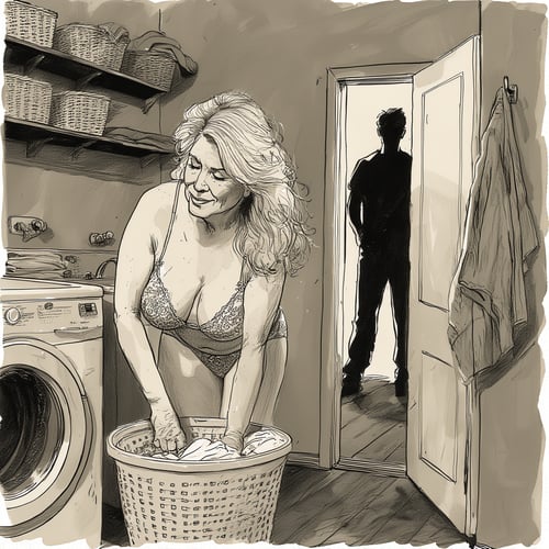 Caught in the act! Blonde woman in lacy bra and panties doing laundry, surprised by a silhouetted man at the door. 