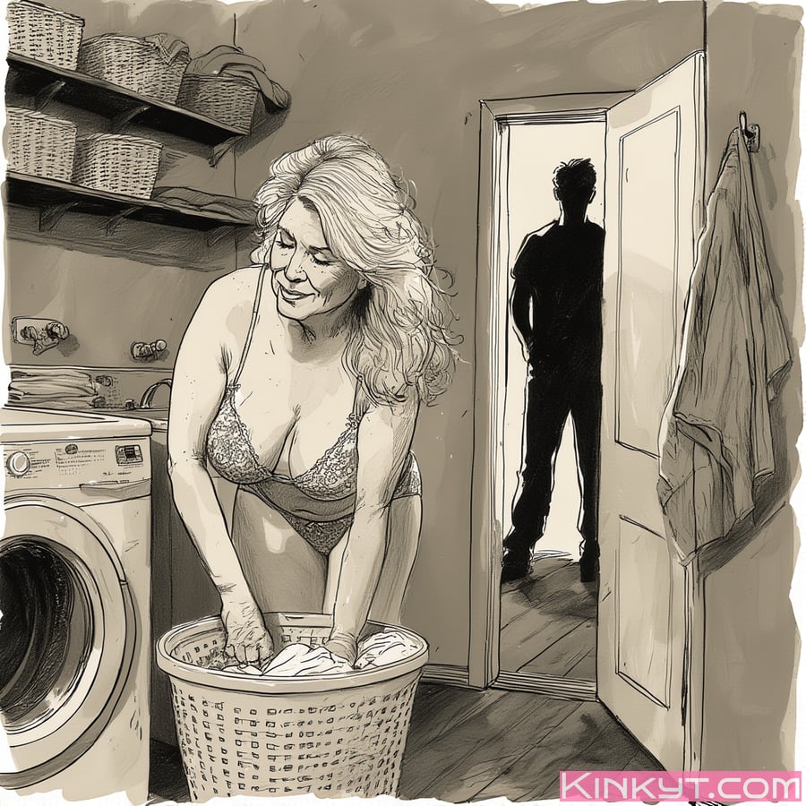  Blonde woman in lacy bra and panties doing laundry, observed by a silhouetted man at the door. 