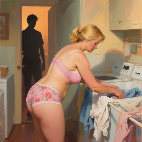  Blonde woman in lacy bra and panties doing laundry, observed by a silhouetted yooung man at the door. 