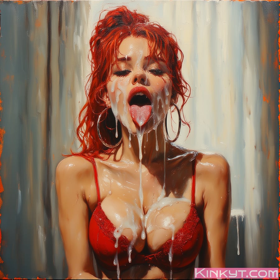 Photorealistic oil painting of a red-haired woman with cum-covered face, tongue out, wearing red lace bra.