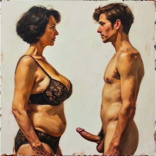 Realistic digital painting of an older woman in black lace lingerie facing a younger, naked man with an erect penis.