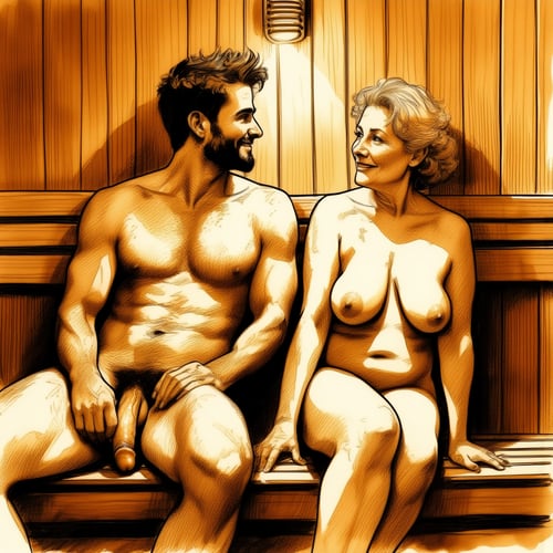 Drawing of a muscular, bearded man with semi-erect penis and a mature woman with large breasts, both nude, sitting in a wooden sauna.
