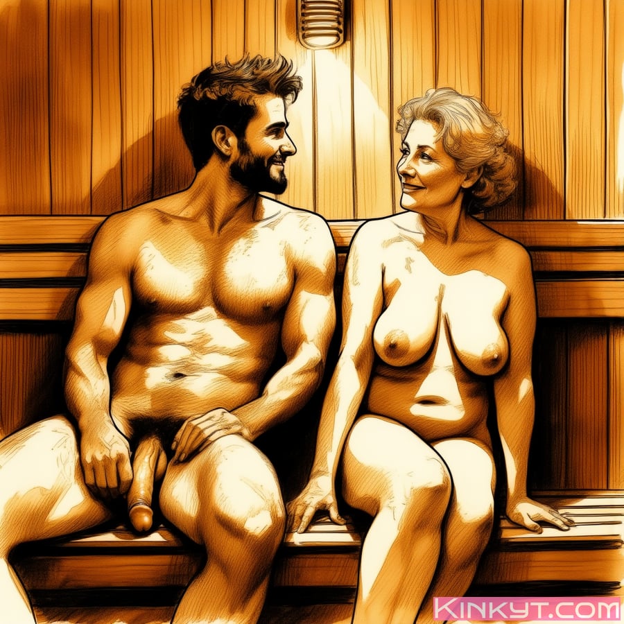 Drawing of a muscular, bearded man with semi-erect penis and a mature woman with large breasts, both nude, sitting in a wooden sauna.