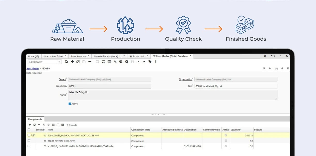  Production module showing BOM configuration and job costing