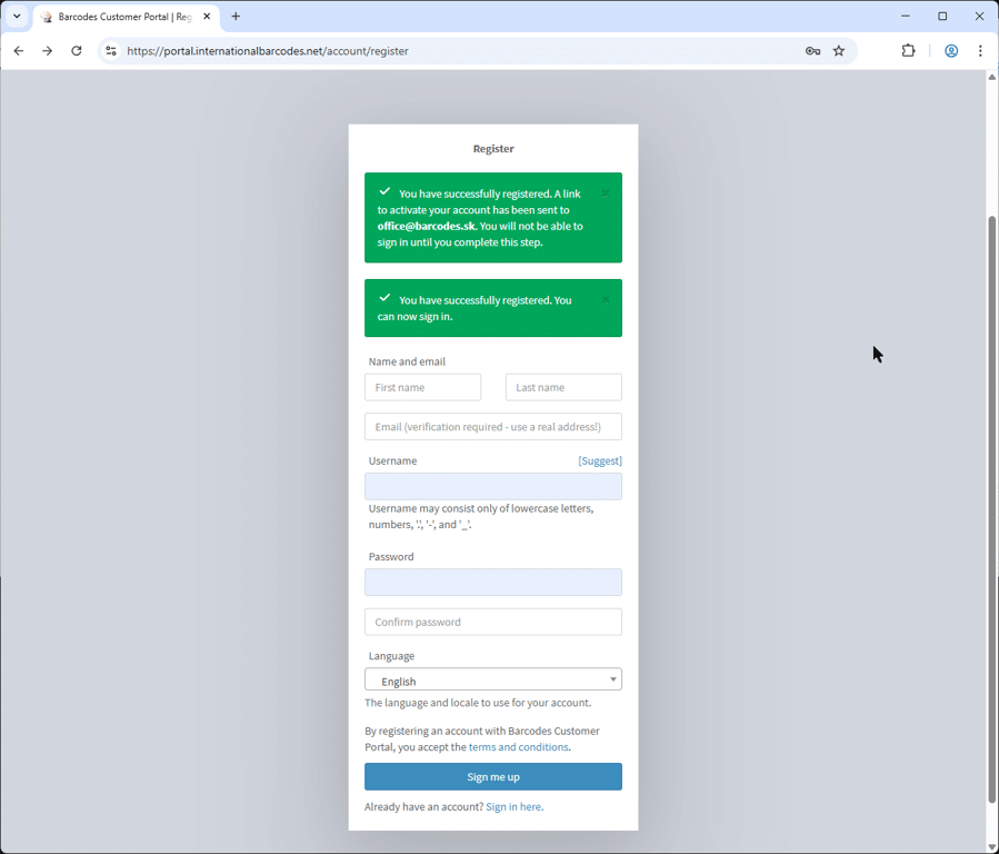 Zákaznický Portál - úspěšné odeslání formuláře „Register“