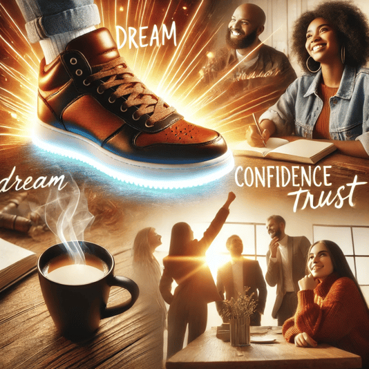 A photorealistic collage featuring a close-up of stylish shoes with a glowing trail behind each step, a steaming cup of coffee on a desk with morning (0-00-00-00)