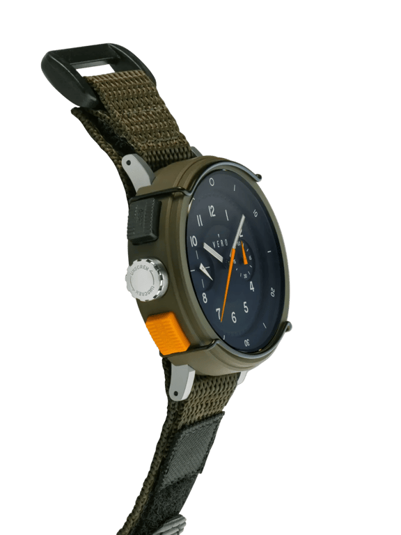 VERO Workhorse Backcountry olive Cerakote case with left-side crown and orange chronograph pusher