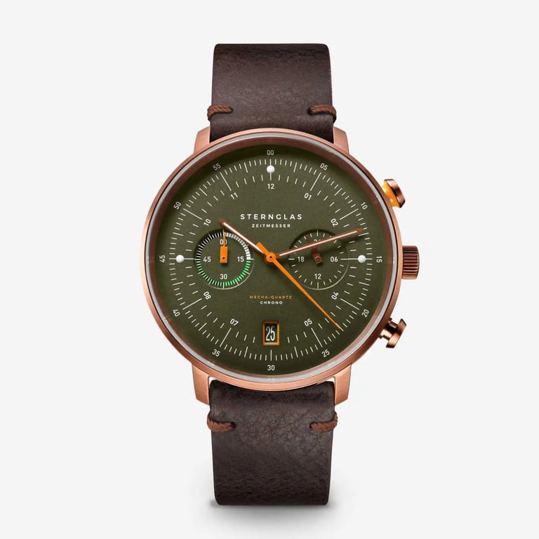 Sternglas Hamburg Chrono Dark Green with bronze PVD case and brown leather strap