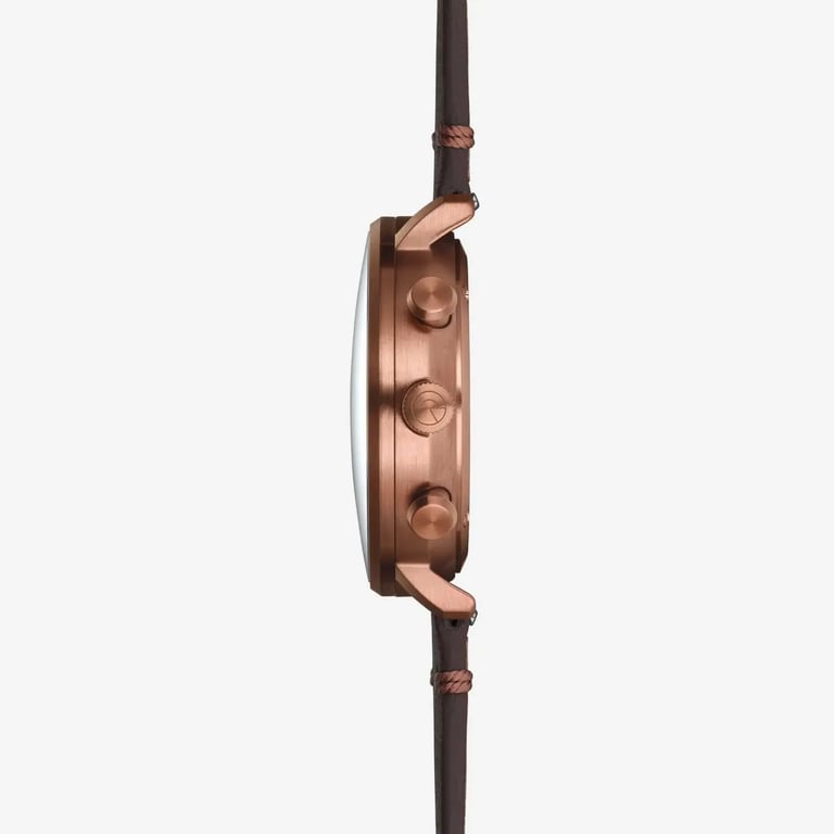 Side profile of the Sternglas Hamburg Chrono bronze PVD case and domed sapphire crystal