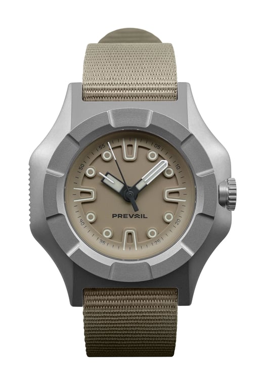Prevail Onward Future Field Watch Tactical in Expedition Tan on its nylon strap