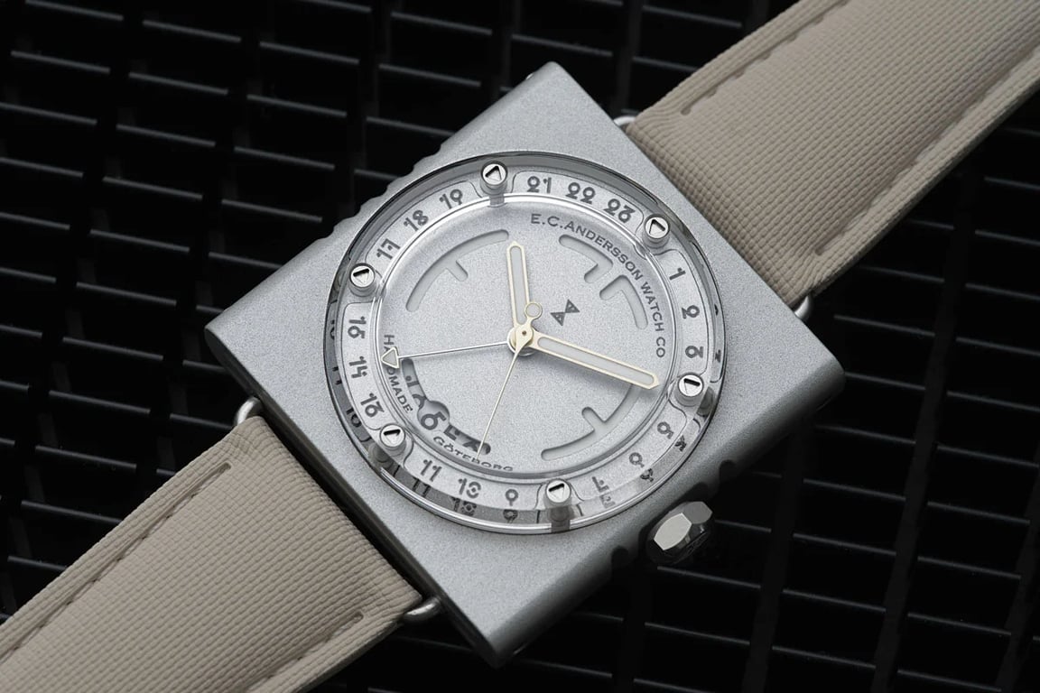 E.C. Andersson Timepod showing its square case and GMT display