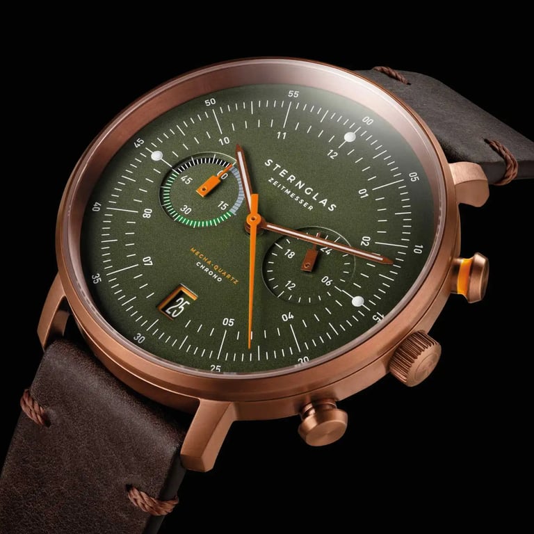 Sternglas Hamburg Chrono Dark Green dial with bronze hands and orange chronograph accents