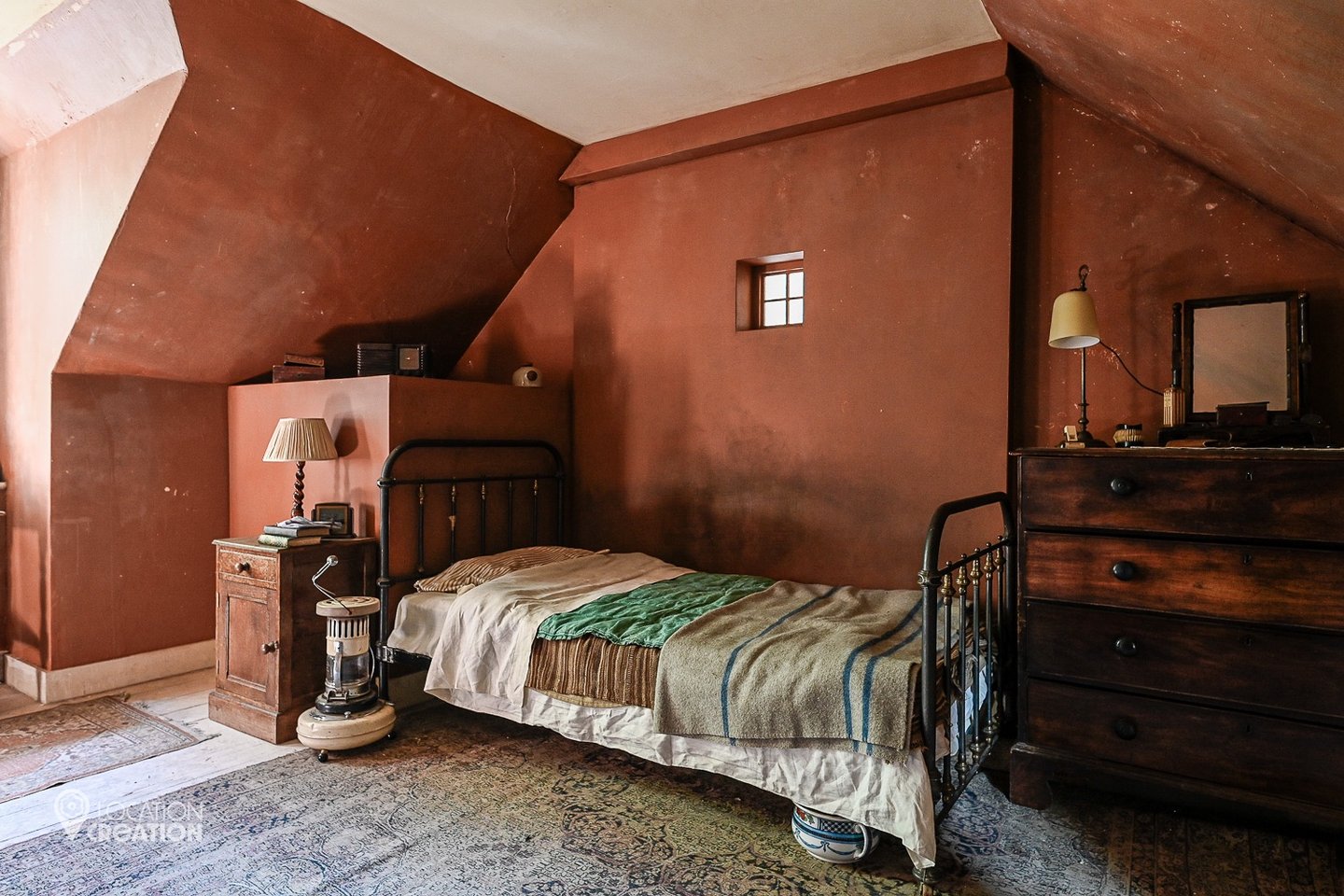 upstairs room turned into a butler's bedroom for a film featuring French movie star Jean Reno, August 2025