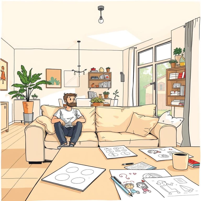 An open-concept living room and dining area: the father is on the couch, and the mother is arriving next to the couch. In the background, the dining table is visible with A4 sheets featuring children's drawings scattered on it.