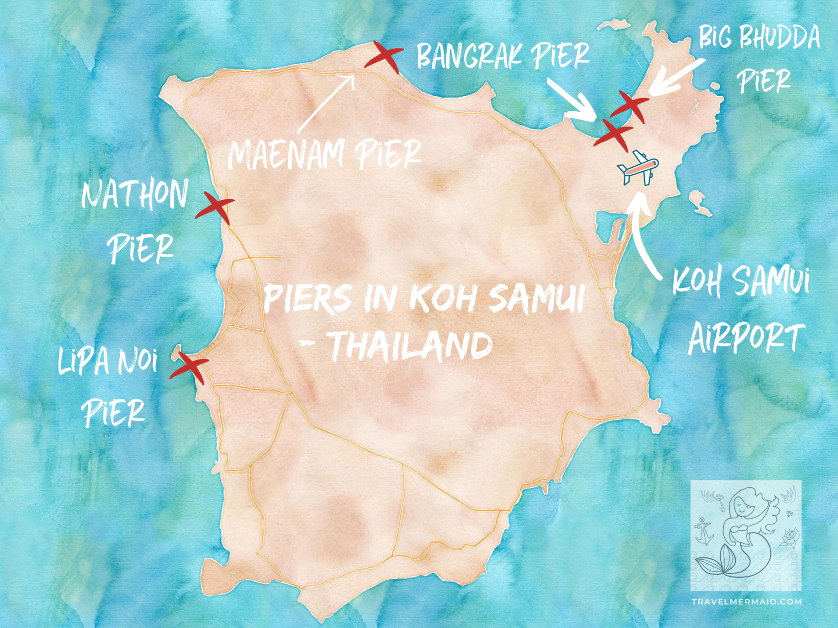 A map of piers in Koh Samui to catch the ferry, Thailand // Travel Mermaid